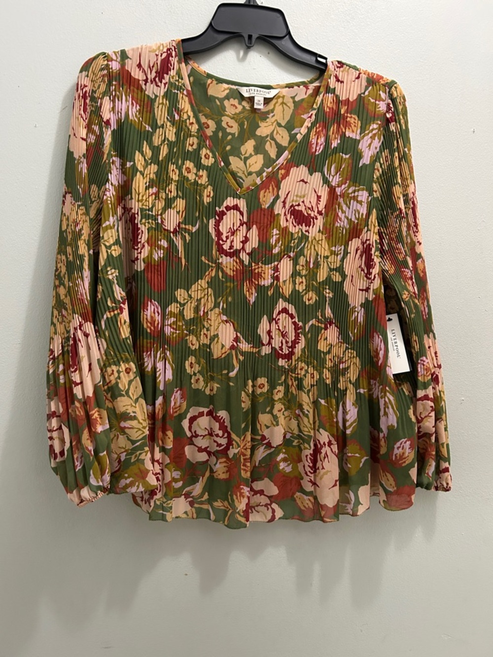 Liverpool Olive Floral Pleated V-Neck Blouse with Pink and Burgundy Accents